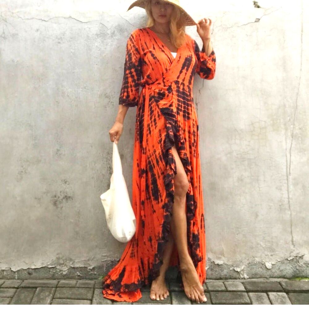 Folkreligion Tie Dye Wrap Dress Ruffle High Low Maxi Kimono Duster One Size OS